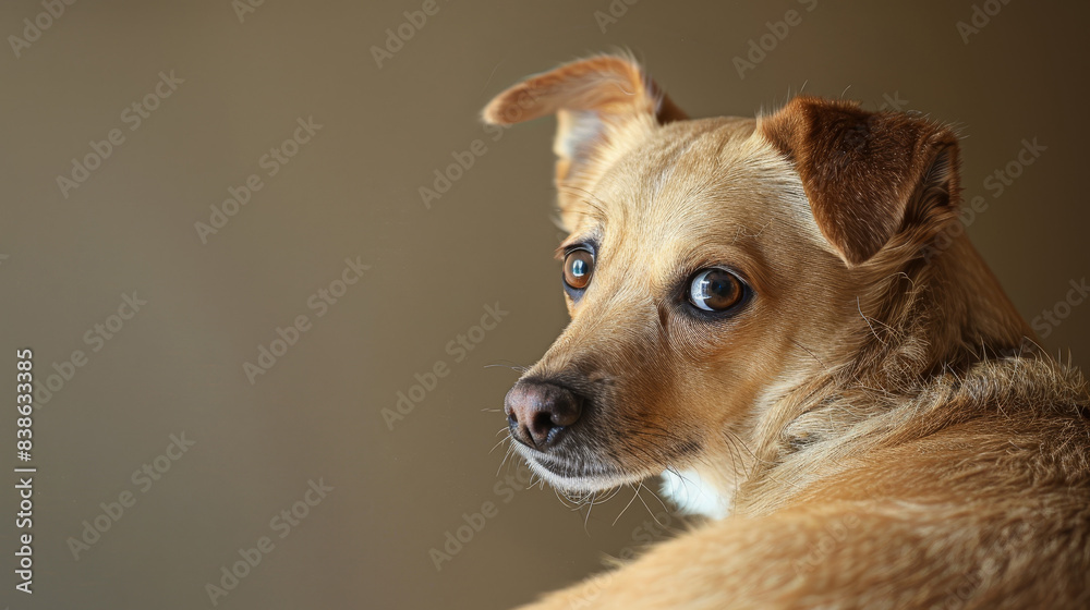 Adorable tan dog with alert expression looking over its shoulder against a plain background, capturing natural pet portrait. Adorable tan dog with alert expression looking over its shoulder against a plain background, capturing natural pet portrait.
