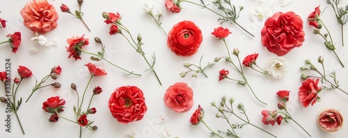 Beautiful flat lay arrangement of red and white flowers on a white background, perfect for spring or summer themes in designs and decor.