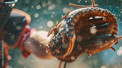 Close-up of a baseball glove in action during a game, capturing movement and focus with a bokeh background.