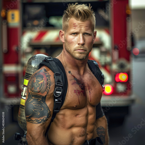A tattooed firefighter show...
