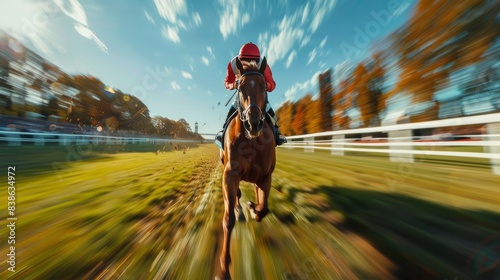 A jockey in red racing attire is on a horse, captured in a motion blur effect creating a sense of speed and competition © familymedia