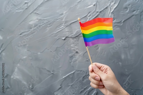 Hand holding small rainbow flag against gray background.
