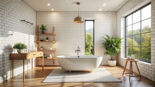 Clean and minimalist scandinavian style bathroom featuring light tiled walls and floor, freestanding tub, and sleek modern fixtures surrounded by airy natural light.