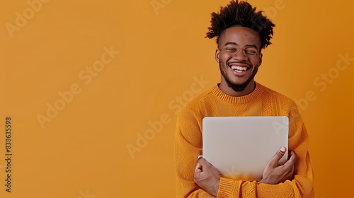 an hyper realistic photograph of a happy white young adult with a laptop, solid color background, shot with a Fujifilm GFX 100S  photo