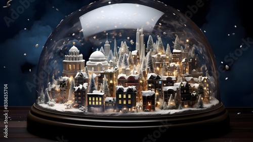 Snow globe with houses and snowflakes at night, 3d illustration