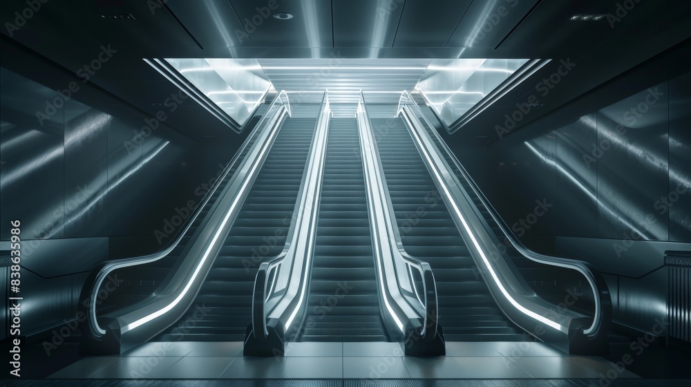 Futuristic escalator in modern architecture interior with dramatic lighting and sleek design, representing innovation and urban infrastructure. Futuristic escalator in modern architecture interior with dramatic lighting and sleek design, representing innovation and urban infrastructure.