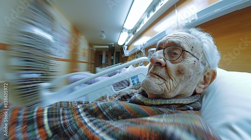 Image presents an elderly patient in bed with a blurred spinning background, giving a sense of disorientation or confusion