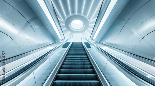 Futuristic escalator in a modern, sleek interior featuring curved walls and advanced lighting, creating a sci-fi atmosphere.