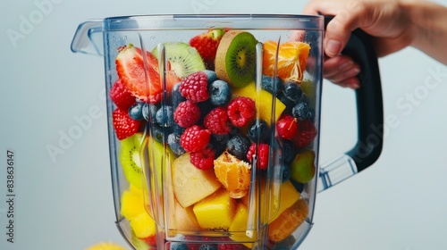 Hand holding blender filled with fresh fruit including strawberries, kiwi, and blueberries, ready to make a healthy smoothie. photo