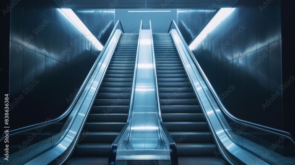 Modern escalator in a dimly lit environment, offering a futuristic and urban feel. Perfect for transportation and architecture themes. Modern escalator in a dimly lit environment, offering a futuristic and urban feel. Perfect for transportation and architecture themes.