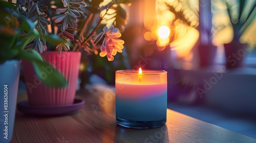 A lit candle with surrounding potted plants on a windowsill captures the warmth of a sunny day photo