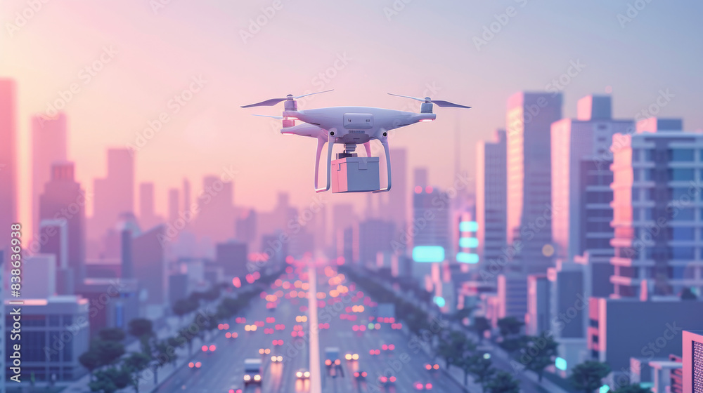 Drone Transporting Package in Modern City Drone Transporting Package in Modern City