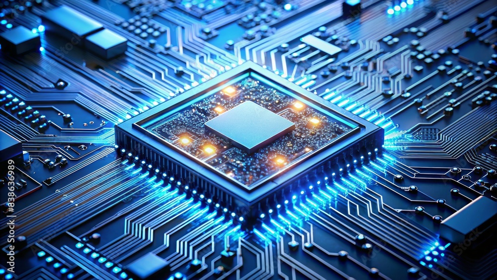 A magnified microscopic view of a intricately designed microchip, filled with circuits, wires, and transistors, illuminated by a subtle blue light. A magnified microscopic view of a intricately designed microchip, filled with circuits, wires, and transistors, illuminated by a subtle blue light.
