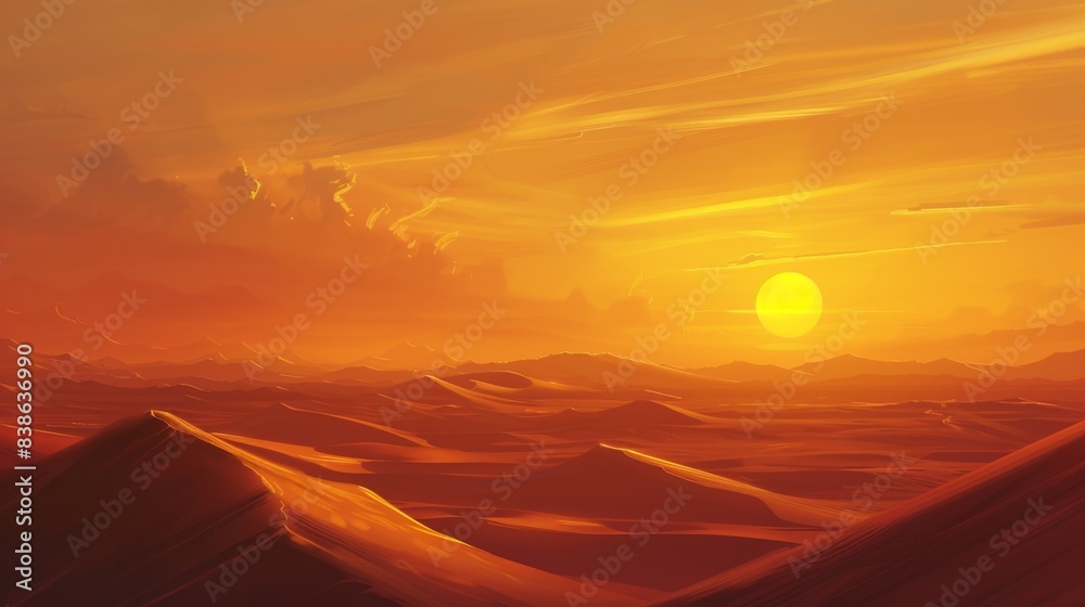 A golden sunset over a desert landscape, with the sun sinking below the horizon and casting long shadows over the sand dunes A golden sunset over a desert landscape, with the sun sinking below the horizon and casting long shadows over the sand dunes