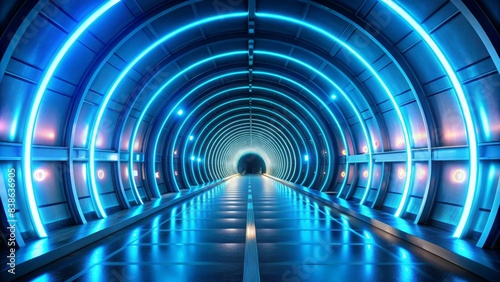 A futuristic, mesmerizing blue tunnel stretches towards a radiant horizon, illuminated by sleek, neon-lit technology, creating an otherworldly, surreal atmosphere.