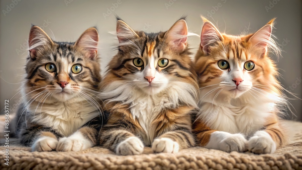 Adorable trio of furry felines lounging together in harmony, three cats lying in a row, showcasing a heartwarming friendship and affection. Adorable trio of furry felines lounging together in harmony, three cats lying in a row, showcasing a heartwarming friendship and affection.