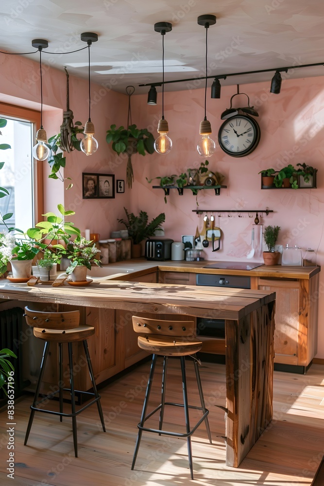modern rustic kitchen with light pink walls, wood floor and a wooden table in the center of the room with two bar chairs