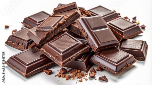 Luxurious dark chocolate squares, some fragmented, lie scattered on a pristine white background, evoking a sense of decadent indulgence and rich sweetness.