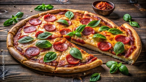 A freshly baked pepperoni pizza with one slice removed, garnished with a sprig of fresh basil, resting on a dark, rustic wooden surface.