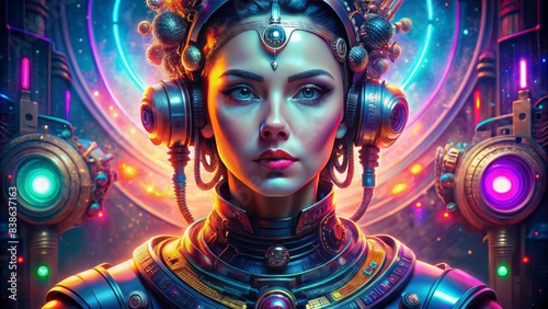 Futuristic android girl portrait, adorned with celestial accessories, surrounded by retro-futuristic machinery, neon hues, and art deco patterns, evoking a nostalgic space opera aesthetic.