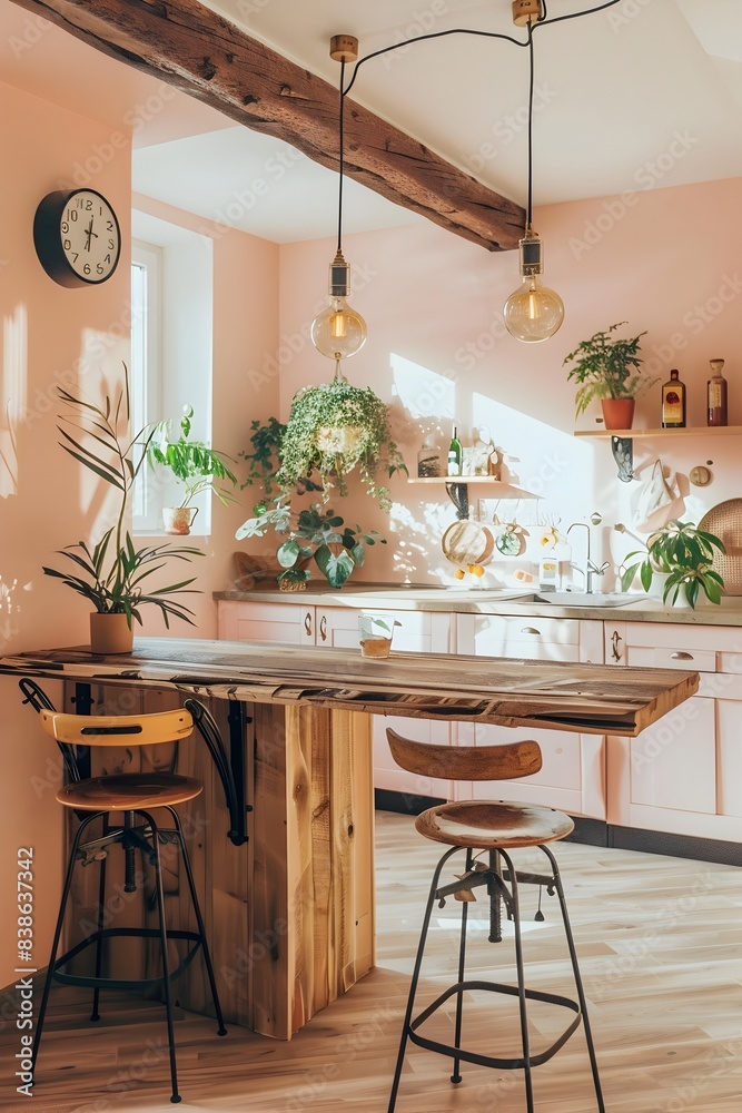 modern rustic kitchen with light pink walls, wood floor and a wooden table in the center of the room with two bar chairs
