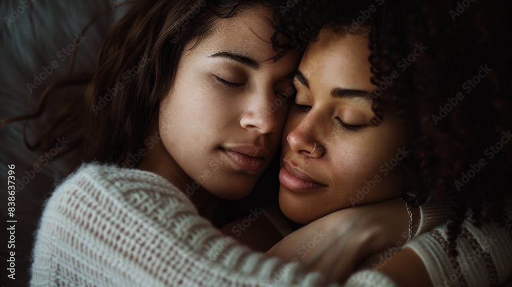 Two women cuddling closely, sharing an intimate and peaceful moment, wrapped in a cozy blanket. Love, comfort, and warmth. Two women cuddling closely, sharing an intimate and peaceful moment, wrapped in a cozy blanket. Love, comfort, and warmth.