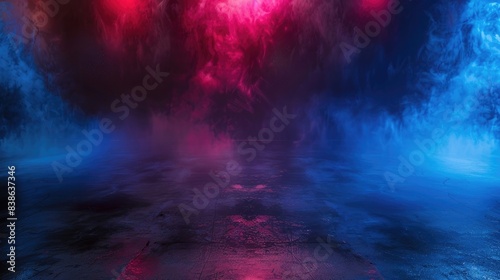 Dark abstract background with fog and neon lights, dark blue, black and red color scheme, empty scene for product presentation on floor, empty room or stage