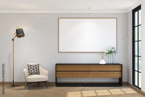 3d render of minimal wall mock up with credenza  armchair and standing lamp side the window. Wood parquet floor and white ceiiling flat 2