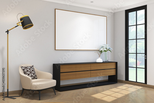 3d render of minimal wall mock up with credenza, armchair and standing lamp side the window. Wood parquet floor and white ceiiling flat 1 photo