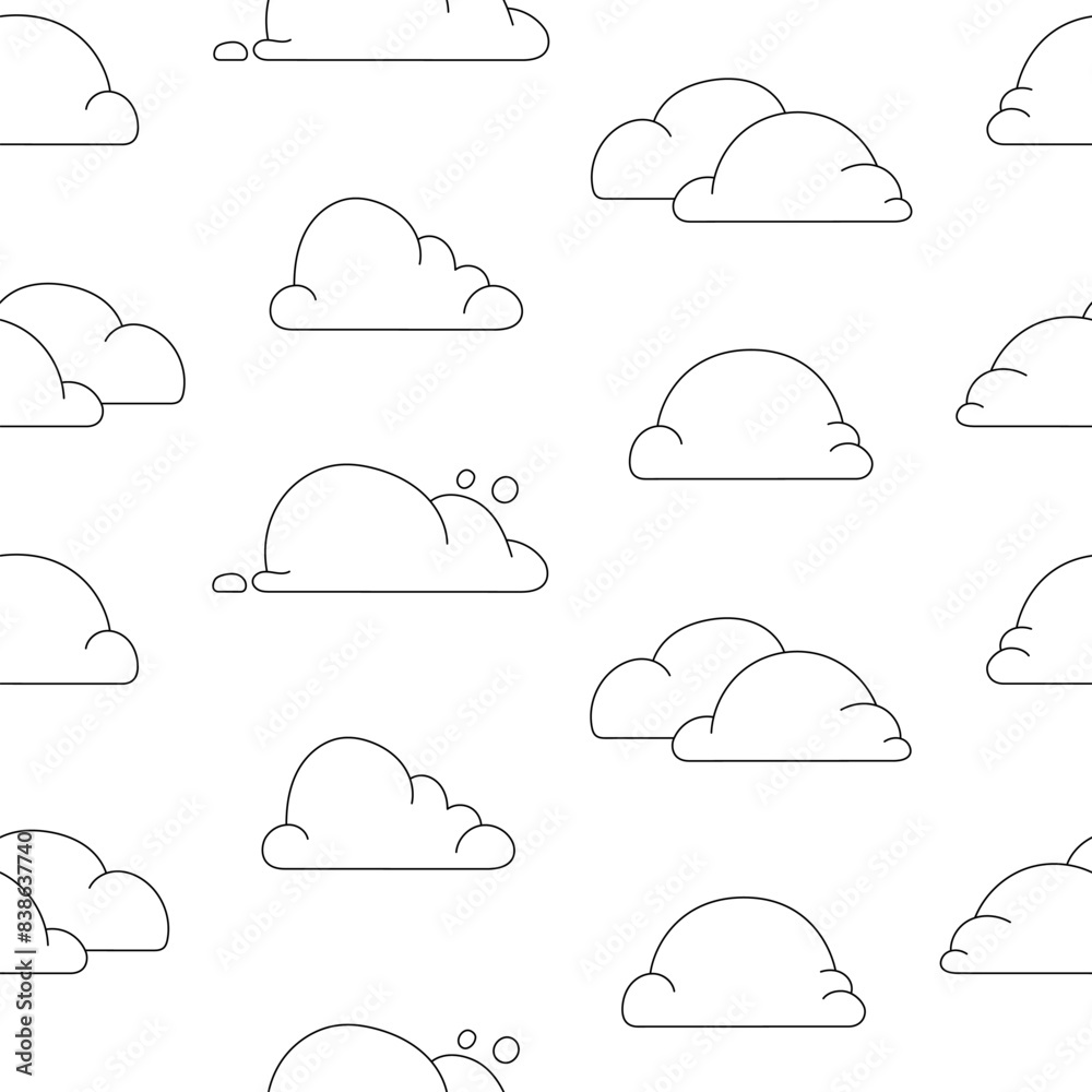 Cumulus cloud cartoon. Seamless pattern. Coloring Page. Sky air symbol. Vector drawing. Design ornaments.