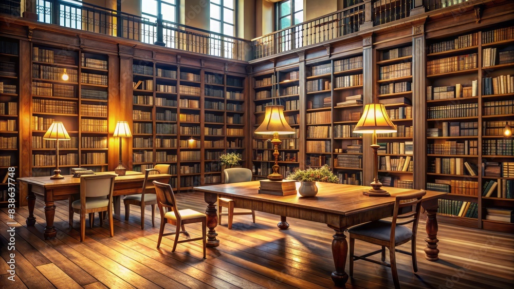 Cozy library setting with scattered books and papers on wooden tables surrounded by tall bookshelves under soft warm lighting, conveying a sense of learning. Cozy library setting with scattered books and papers on wooden tables surrounded by tall bookshelves under soft warm lighting, conveying a sense of learning.