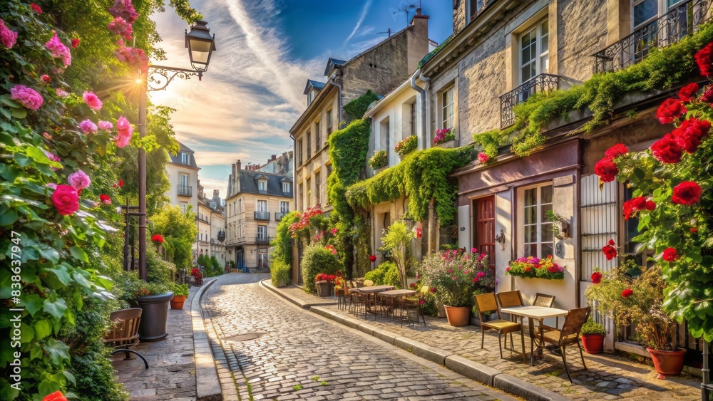 Fototapeta premium Charming cobblestone street in montmartre quarter, paris, lined with historic buildings, picturesque cafes, and blooming rose flowers, on a sunny summer day.