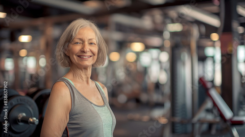 A Smiling Elderly Female standing in front of a Gym And Fitness Center