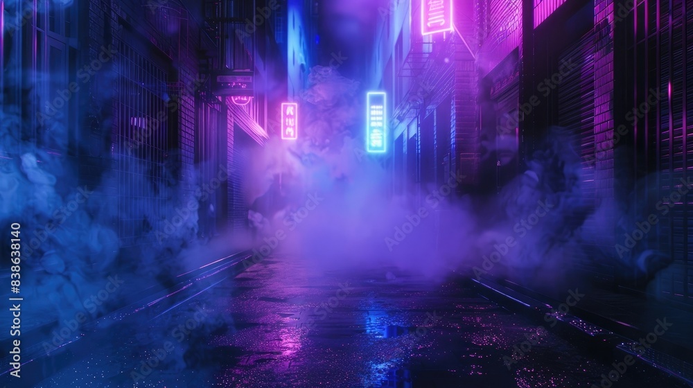 Dark empty street with fog and neon lights, cyberpunk style, dark background, night view, blue purple light, smoke, street view. ,8k, high detail.