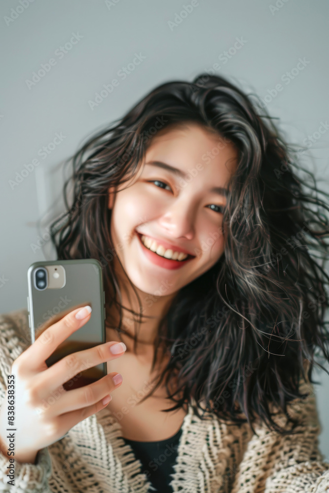 A smiling woman is taking photo with her mobile phone A smiling woman is taking photo with her mobile phone