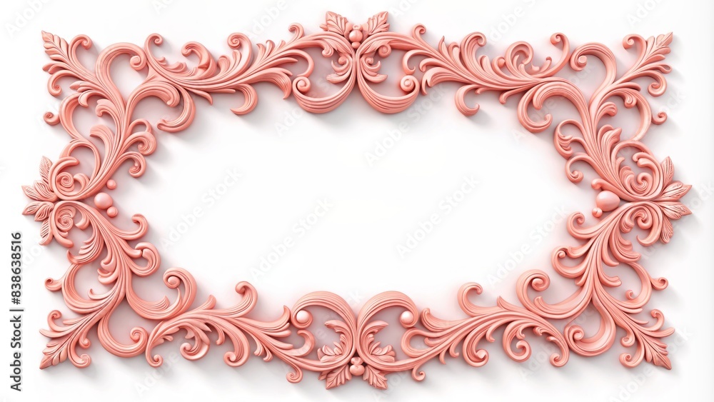 Luxurious pink coral frame on a pristine white background, adorned with delicate swirls and ornate details, exuding refinement and sophistication in its elegant solitude. Luxurious pink coral frame on a pristine white background, adorned with delicate swirls and ornate details, exuding refinement and sophistication in its elegant solitude.