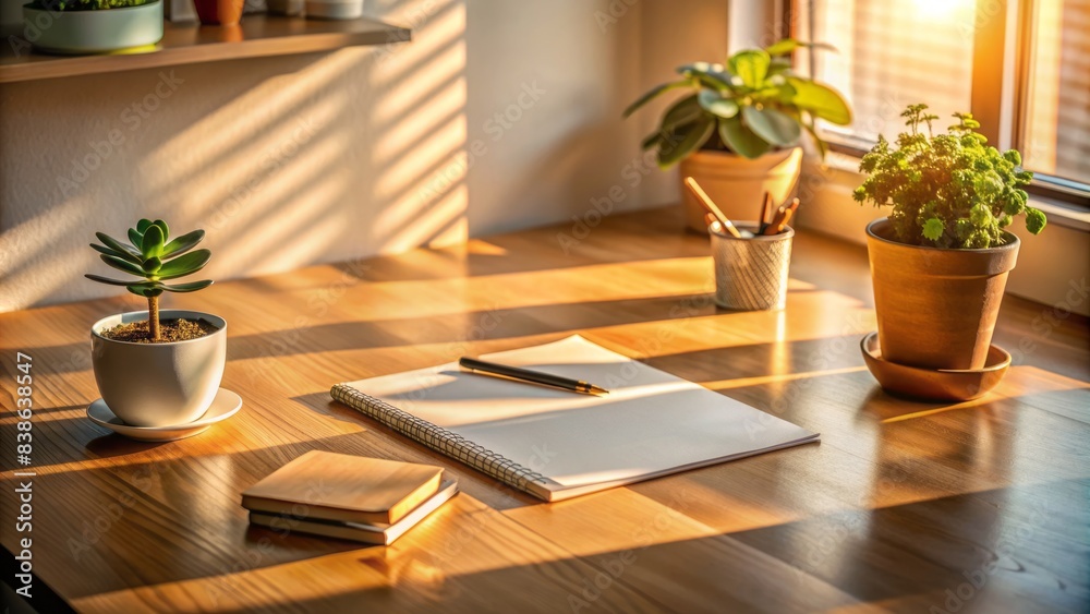 Warm sunlight illuminates a tidy desk clutter-free apart from a scattered arrangement of blank papers and a small potted plant casting artistic shadows. Warm sunlight illuminates a tidy desk clutter-free apart from a scattered arrangement of blank papers and a small potted plant casting artistic shadows.