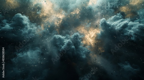 An ethereal cloudscape infused with golden light suggesting a distant nebula in space