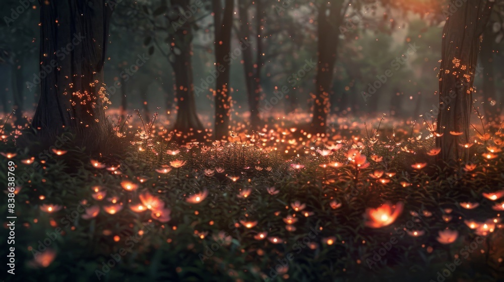 Fototapeta premium A magical forest illuminated by the soft glow of fire flowers, creating a whimsical and enchanting scene