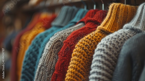 Rows of multicolored knit sweaters displayed on hangers, highlighting texture and warmth