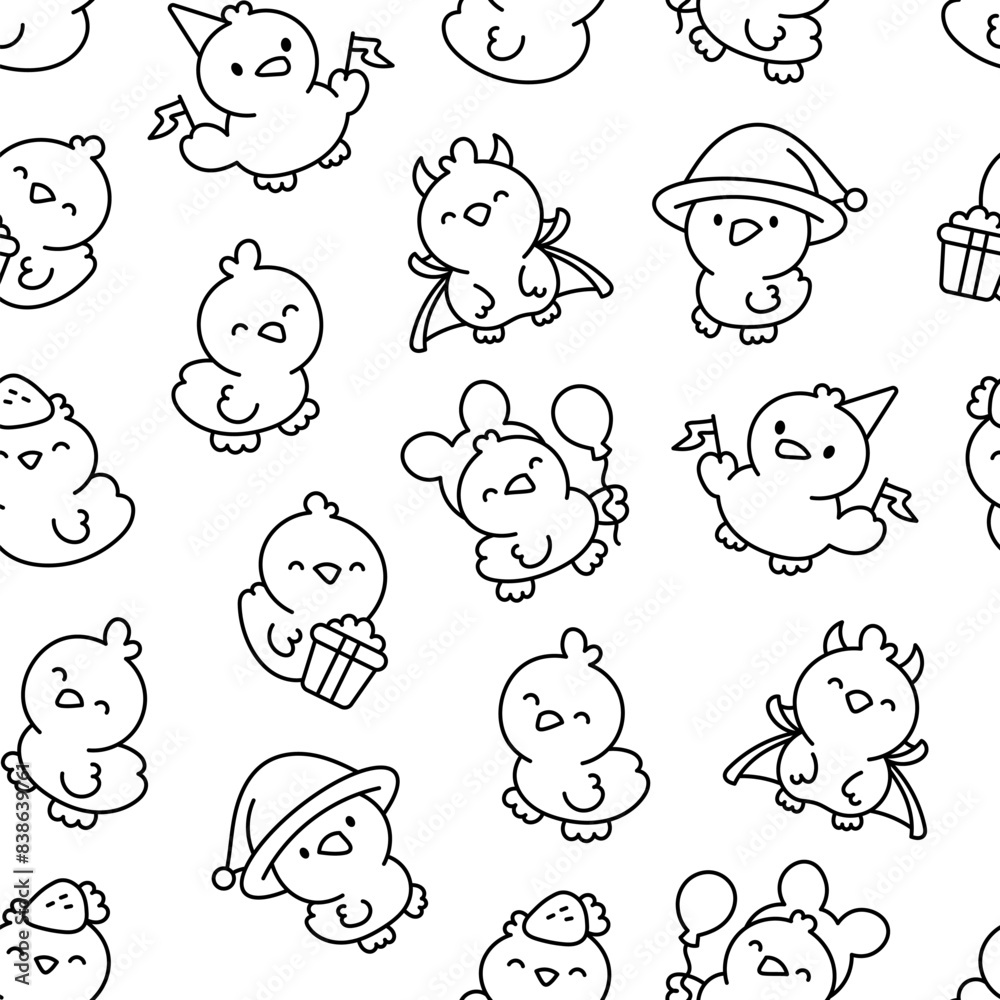 Cute kawaii little chick. Seamless pattern. Coloring Page. Cartoon baby farm birds characters. Hand drawn style. Vector drawing. Design ornaments. Cute kawaii little chick. Seamless pattern. Coloring Page. Cartoon baby farm birds characters. Hand drawn style. Vector drawing. Design ornaments.