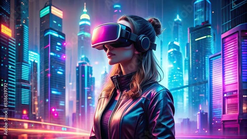 Young woman wearing virtual reality device in front of retro-futuristic cyberpunk city scene, VR, virtual reality, technology, futuristic, cyberpunk, city, urban, magenta, amber, retro © Sanook