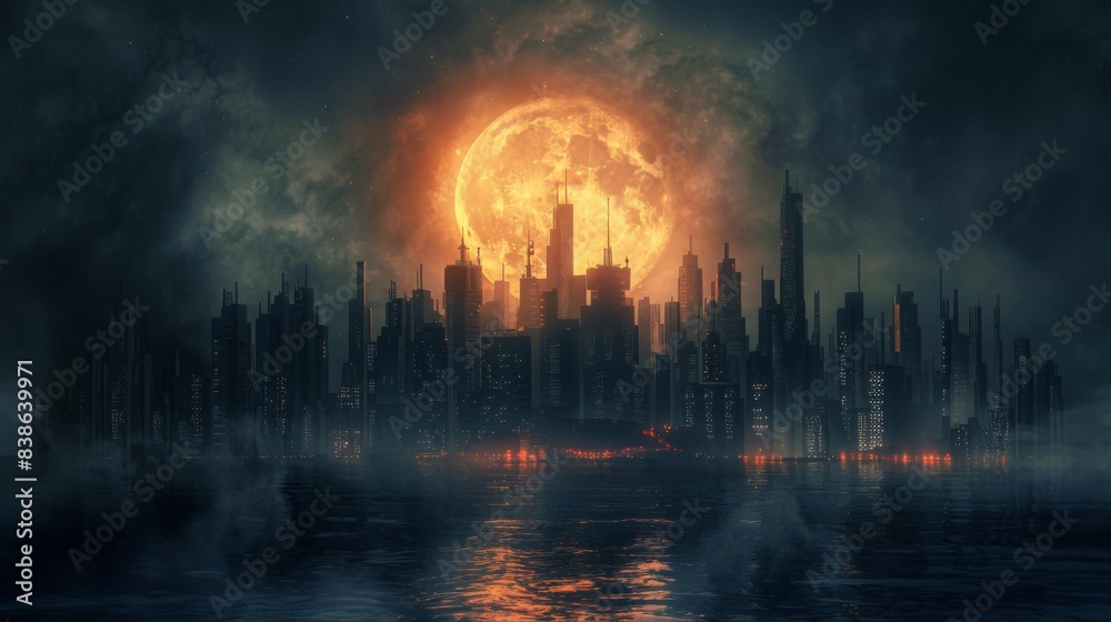 A mesmerizing full moon rising above a silhouetted skyline, casting a mystical glow over the cityscape A mesmerizing full moon rising above a silhouetted skyline, casting a mystical glow over the cityscape
