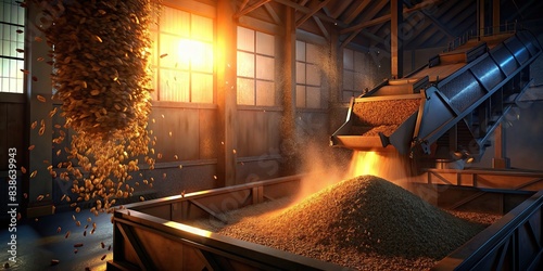 Wood pellets falling from machinery at biofuel factory, Wood pellets, machinery, biofuel, factory, production, energy, renewable, sustainable, industry, motion blur, equipment, pellet mill photo