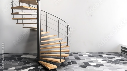 Artistic studio environment with a spiral staircase in ash wood, iron details, and a hexagonally patterned gray floor. photo