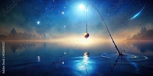 Fishing rod with hook and bait on a lake surface , fishing, outdoors, nature, leisure, hobby, sport, reel, tackle, angling, activity, relaxation, water, aquatic, equipment, rod, hobby, pastime photo