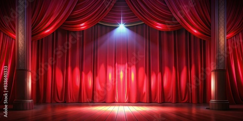 Vibrant red curtain hanging in empty theater room, theater, stage, drapery, interior, cinema, backdrop, decoration, dramatic, elegant, fabric, luxurious, design, decor, entertainment photo