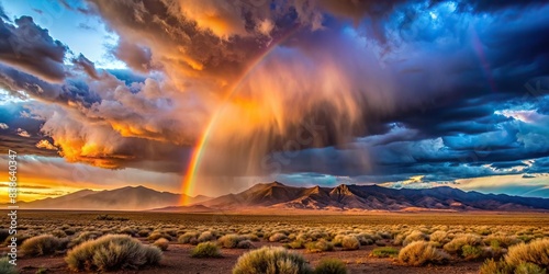 Stormy desert sunset with rain and rainbow, light hitting mountain range in Fallon, NV , stormy, sunset, desert, rain, rainbow, light, mountain range, Fallon NV, weather, dramatic, scenic photo