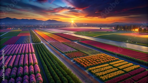 Aerial view of vibrant tulip fields with Lisse town in background, Netherlands , tulips, flowers, field, colorful, spring, countryside, landscape, aerial view, Lisse town, Netherlands photo