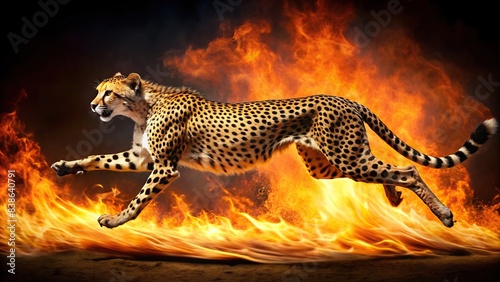 Cheetah sprinting through flames at high speed, Cheetah, running, flames, fast, speed, fire, wildlife, predator, quick, motion, agility, agile, action, danger, power, energy, urgency